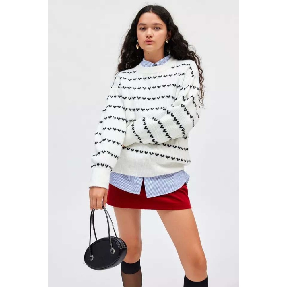 Kimchi Blue Sweater Women Large White Black Heart Print Ribbed Knit Pullover L